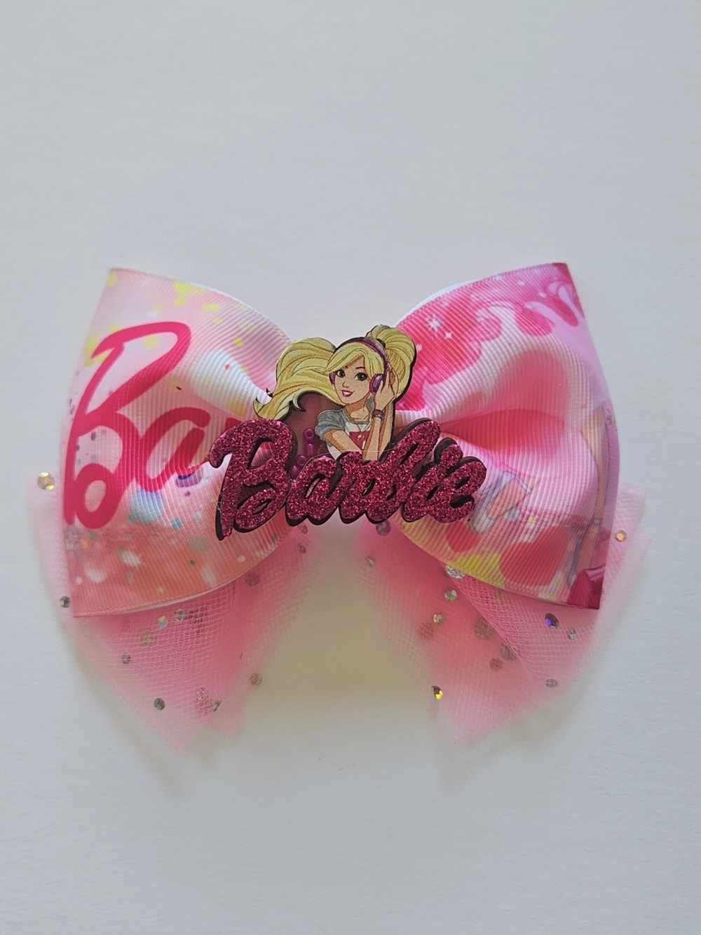 Barbie Pink Glitter Script Bow Hair Accessory